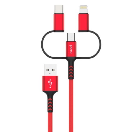 Cable 3 in 1 Pero DC-06 Universal, USB-Microusb/Lightning/Type-C, 2.4 A, 2 m, red