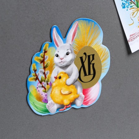 Magnet with a plotch-layer "Rabbit and chicken", 6.9 x 7 cm.-1
