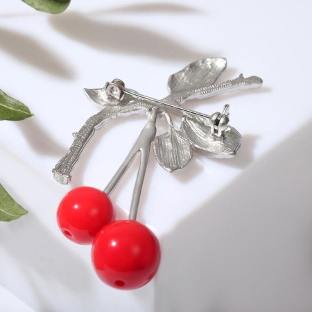 Brooch "Cherry" with leaves, mobile, red color in matte silver-1