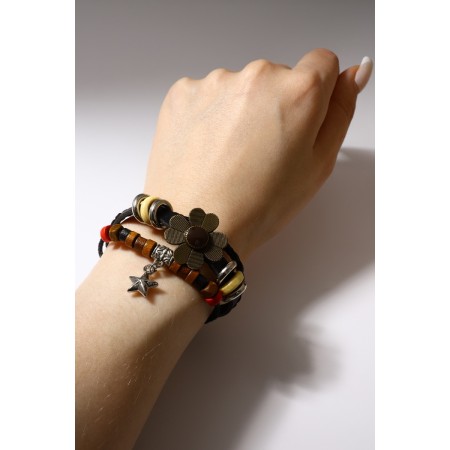 Bracelet Leather "Flower with an asterisk" hippie, color brown-black, 6 cm-1