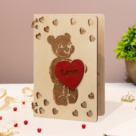 Wooden postcard "Bear holds the heart" handmade, light, 12x8 cm-3