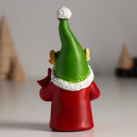 Polystone souvenir "Dwarf in a green hat with horns, with a bird" 4x5.5x10.5 cm-2