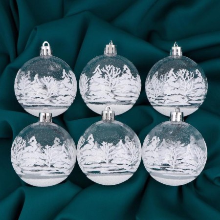 Set of balls plastic D-6 cm, 6 pcs "frost" winter forest, white