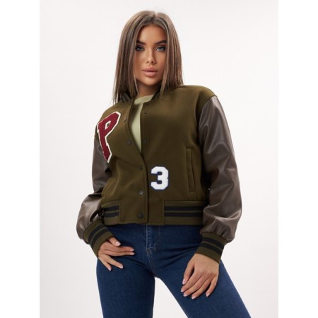 Leather bomber female color khaki, size 48-3