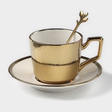 Coffee steam ceramic “gold”, 3 objects: a cup of 200 ml, a saucer d = 14 cm, a spoon h = 12.5 cm, the color of the gold