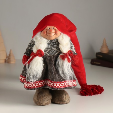 Interior doll "Grandma in a long red cap and gray dress" 25 cm