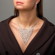 Set 2 objects: earrings, necklace “sparks” squares, white color in silver, 30 cm