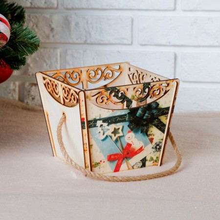 Kashpo wooden "Basket, with a gift", self-assembled, handle- cord, 17.9 × 17.3 × 14.2 cm