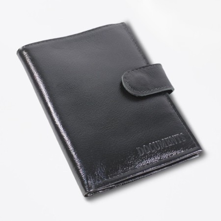 Cover for passport and auto documents, with cards and bills, with a button, genuine leather, black color