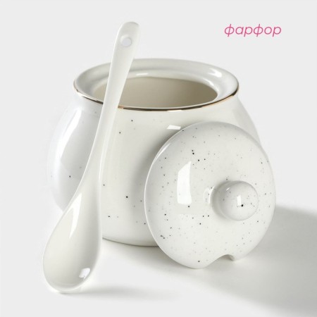 Porcelain sugar tower with a spoonful of Milky Way, 330 ml, white color in specking-1