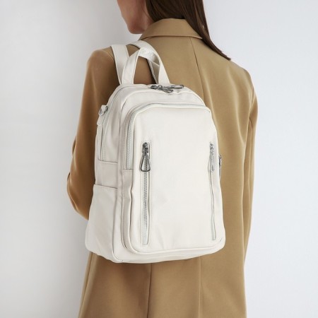 Women's backpack made of artificial leather with zipper, 6 outer pockets, milk color-6