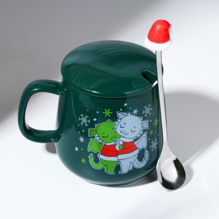 Ceramic mug with a spoon of "love in the new year", 350 ml, green color-3