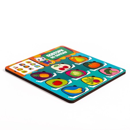 The puzzle is wooden. Repeat on the sample "Vegetables and fruits", developing games for children-2