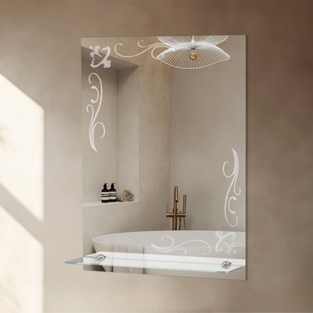 Mirror, wall -mounted, with sandblasting graphics, with a shelf, 52 × 70 cm