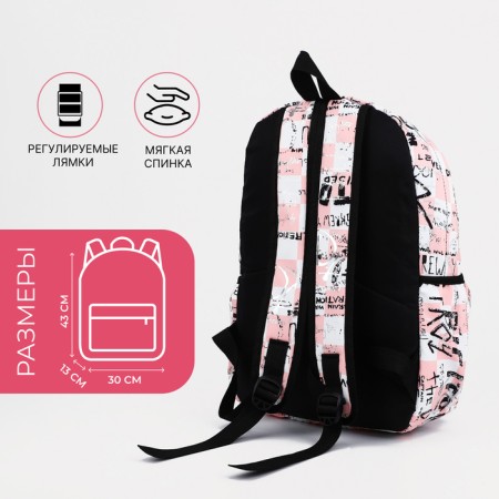 A backpack with a zipper, 3 outer pockets, pink/white color-1