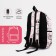 A backpack with a zipper, 3 outer pockets, pink/white color