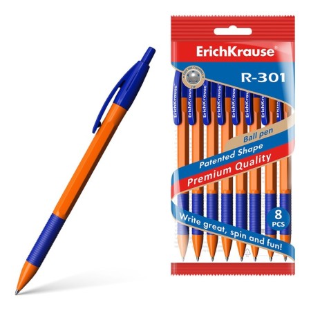 A set of ballpoints automatic, 8 pieces, Erichkrause R-301 Orange Matic & Grip, rubber emphasis, node 0.7 mm, color blue blue blue