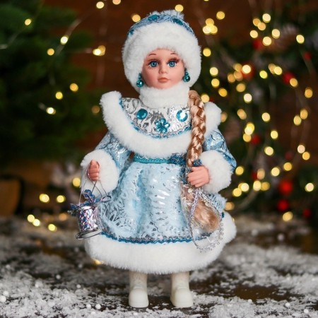 Snow Maiden "In a fur coat with stones and a drum" 30 cm, blue