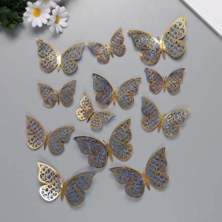 Stick paper, plastic "Flower butterflies Blue" sparkles set 12 pcs 12 cm, 10 cm 8 cm