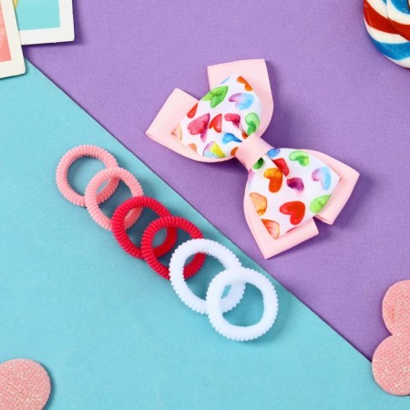 Suzi hair set (clamp 8 cm, 6 elastic bands 2.5 cm) hearts, mix-1