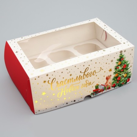 Folding box for 6 cupcakes with the Happy New Year window, 25 x 17 x 10 cm, New Year-1