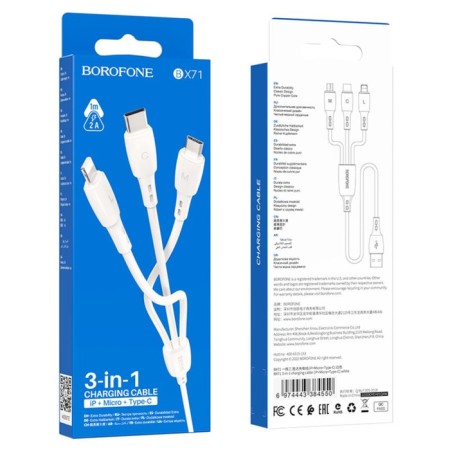 Cable Borofone BX71, 3 V 1, Microusb/Lightning/Type -C - USB, 2 A, PVC braid, 1 m, white-3