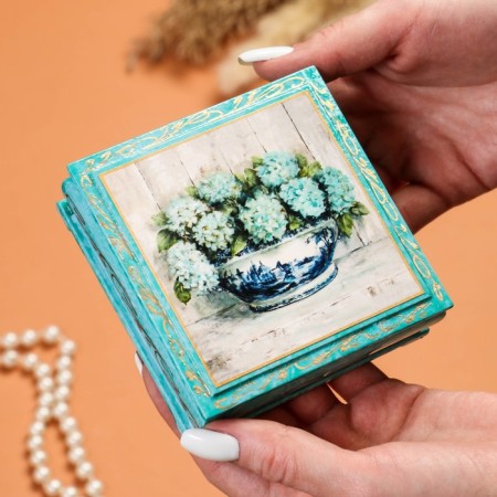 Casket "Hydrangea in a vase", turquoise, 10 × 10 cm, lacquer miniature-2