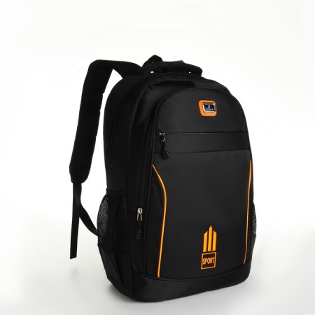 Young backpack from textiles with a zipper, 4 pockets, black/orange color-2