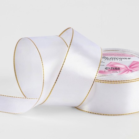 A satin ribbon "Golden threads", 40 mm × 23 ± 1 m, white color No. 01