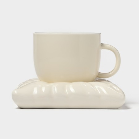 Tea couple ceramic with a spoon "Zephar", 2 items: a cup 250 ml, a saucer d = 13 cm, beige color-1