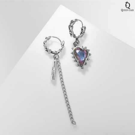 Hanging earrings with rhinestones "Heart" asymmetry, purple color in black silver, 6.2 cm-1