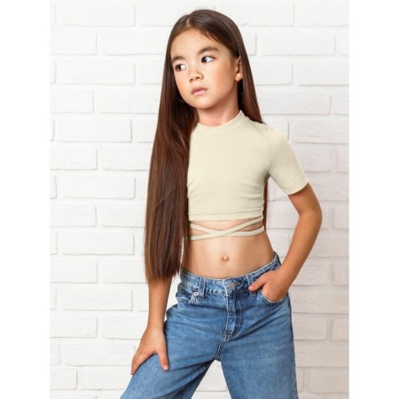 TOP for a girl with short sleeves on Generation ties, height 152 cm, milk color