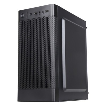 The ACCORD Q03B case is black without PSU MATX 2XUSB3.0 Audio