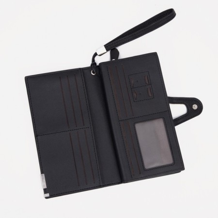 Men's purse on the button, a department for bills, for maps, for coins, black color-2