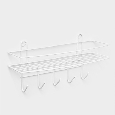 Bathroom shelf, 5 hooks, 34 × 11.5 × 17 cm, white color