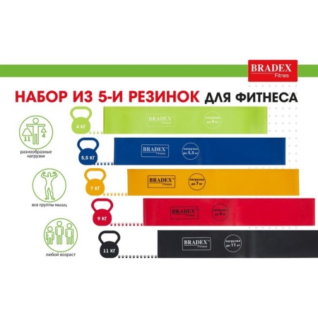 Набор из 5-ти резинок для фитнеса Bradex SF 0673, нагрузка до 4-1