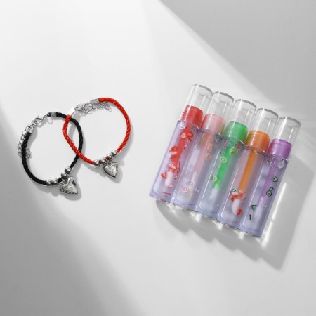 Set 3 objects: 2 bracelets, lip gloat "Demetrons" hearts, black-red color, 6 cm-9