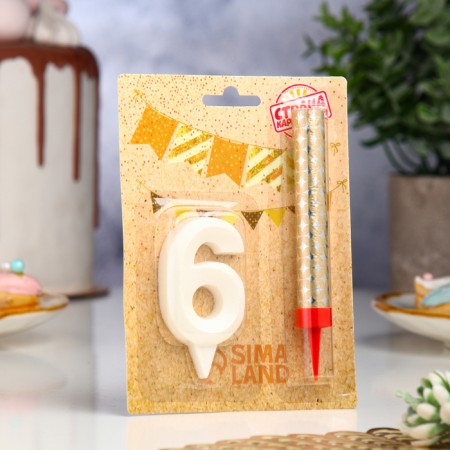 Candle in the cake "Gran + Fountain", number "6", pearl, 6.5 cm-1