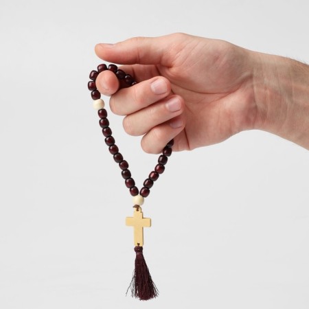 Wooden “Orthodox” parsing with a cross, brush, 33 beads, burgundy color-2