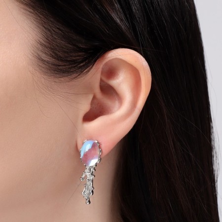 Earrings for the natural stone "mirror" with a lunar stone, rainbow color in silver-3