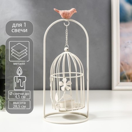 Summary Metal for 1 candle "A cage with flowers with pink bird" White 28.5x12x12 cm