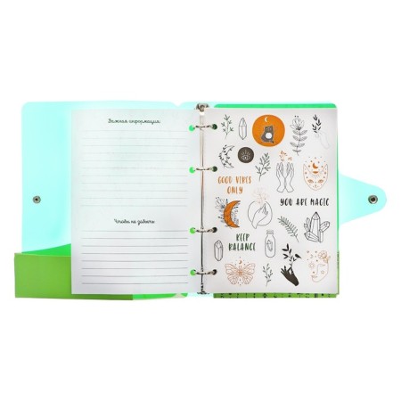 A notebook on rings A5 120 sheets in the Lorex "Neon. Green" cage, with a change of block, a plastic cover, with stickers-4