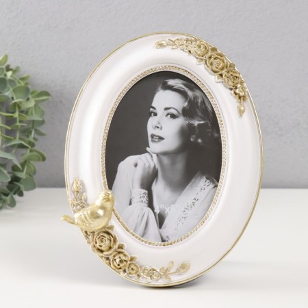 Photo frame Polystone 10x15 cm Oval "Golden Bird and Roses" White 20x15 cm
