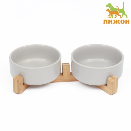 Double ceramic bowls on a stand of 2 x 450 ml 28.5 x 15.5 x 7 cm, gray-1