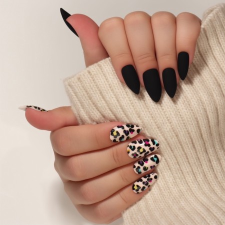 Leo patching nails, 12 pcs, with glue plates, almond shape, black, beige-7
