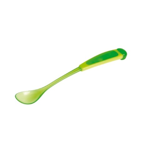 A spoon for feeding with a long handle, from 4 months, the color of mix