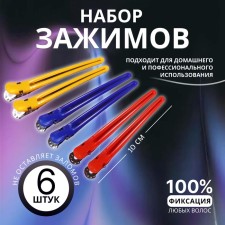 Hair clamps, set - 6 pcs, 10 cm, color mix