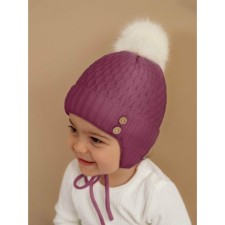 A cap on ties with a pompom Children's Amarobaby Pure Love Wool, insulated, size 44-46 cm, pink color
