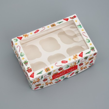 The folding box for 6 cupcakes with the Bright New Year window, 25 x 17 x 10 cm, New Year-2