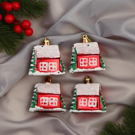 Decoration Christmas tree "Fairytale House" (set 4 pcs) 5x6 cm, red